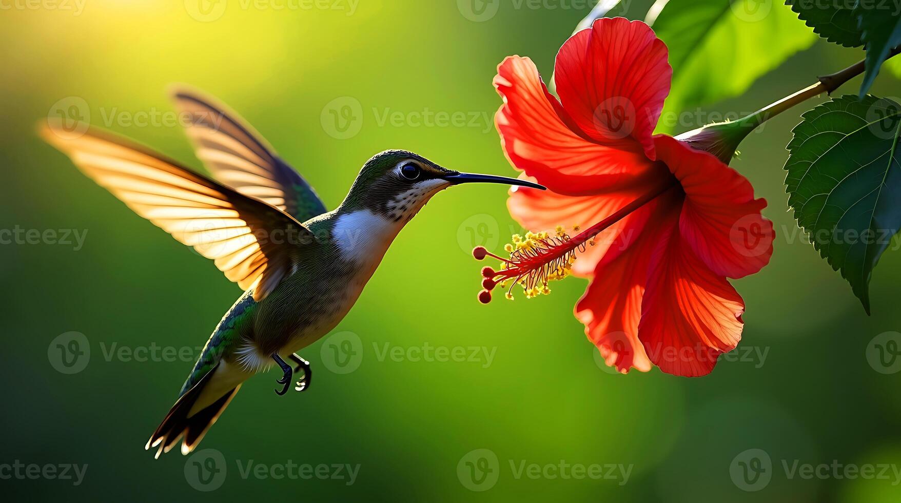 Hummingbird Sipping Nectar from Hibiscus Flower Nature Photography at Its Finest photo