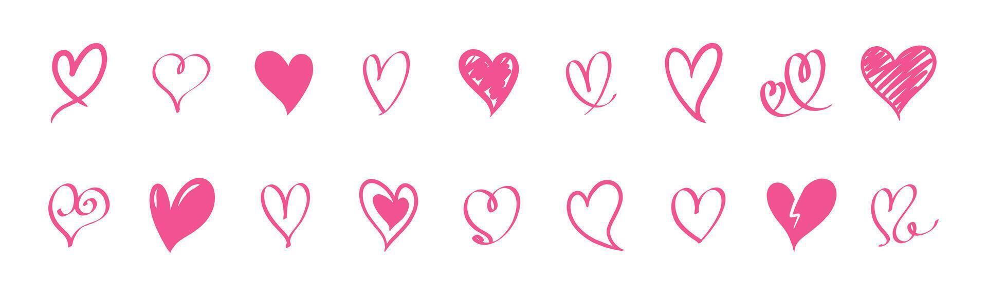 Set of various pink heart illustrations in hand drawn style. Icon collection perfect for design projects vector