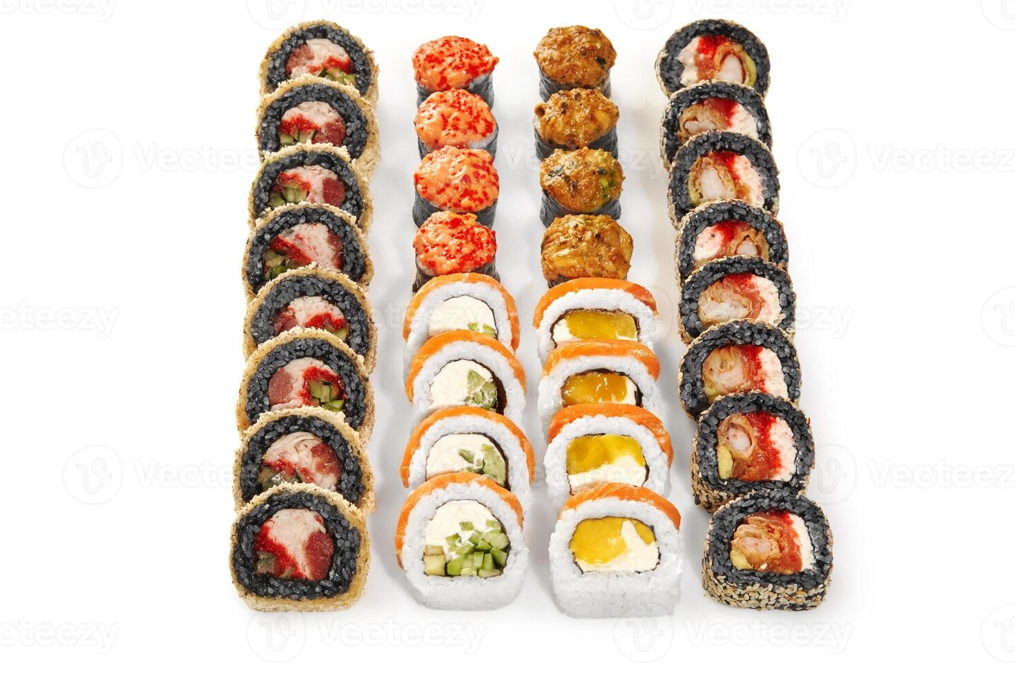 Four rows of delicious uramaki sushi rolls with various toppings presenting vibrant colors photo