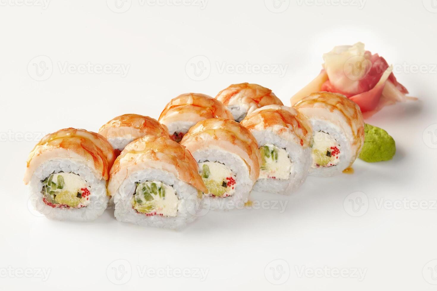 Delicious sushi rolls with shrimp and cream cheese filling on white background photo