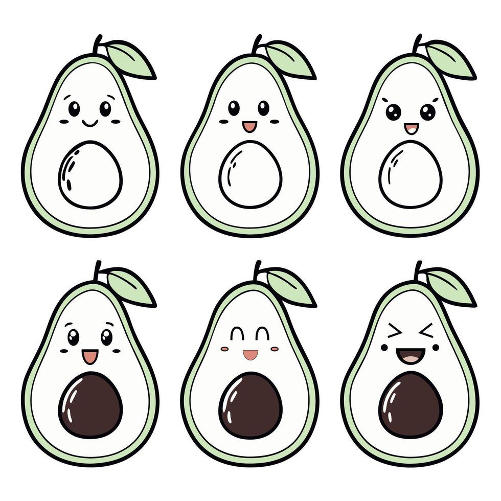 Hand Drawn Cute Avocado Cartoon Characters Showing Different Emotions in Minimal Style vector