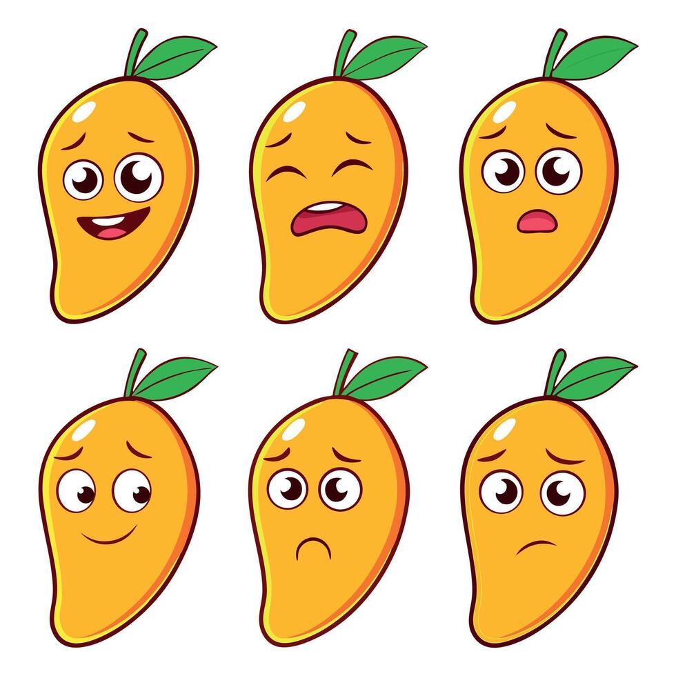 Cute Cartoon Mango Characters Expressing Different Emotions in Hand Drawn Colorful Style vector