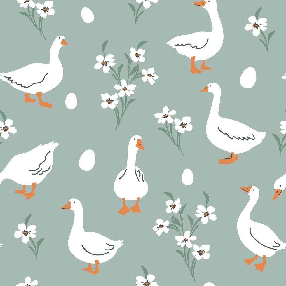 Seamless pattern with white goose, flower and egg. Hand drawn cute Easter goose pattern, for textile, wallpaper or nursery print design. vector