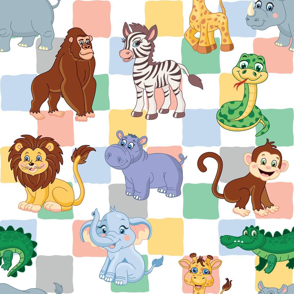 Seamless pattern with african animals. lion, elephant, giraffe, rhinoceros, monkey, snake, crocodile. hippopotamus vector