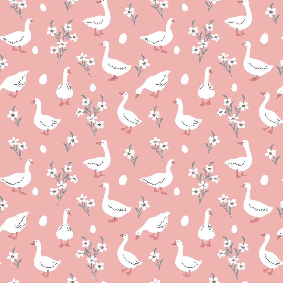 Seamless pattern with white goose, flower and egg. Cute Easter goose pattern, for textile, wallpaper or nursery print design. vector