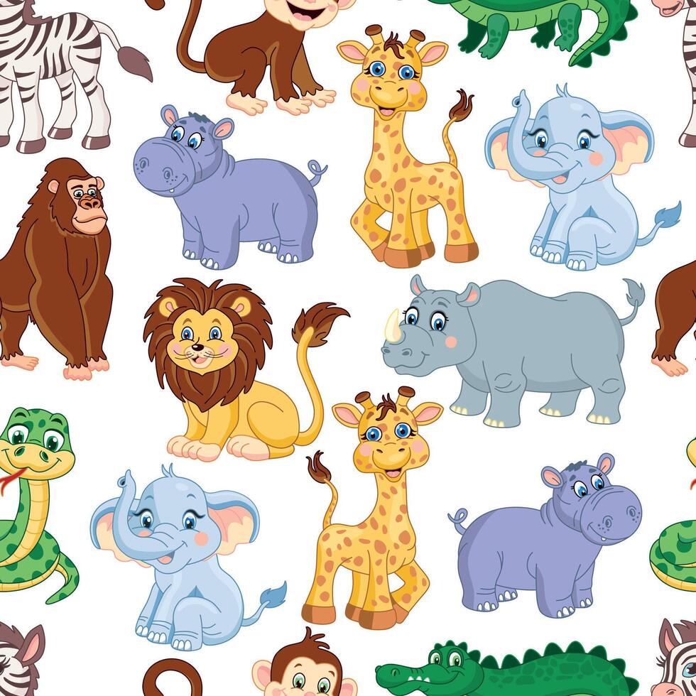 Seamless bright pattern with african animals. lion, elephant, giraffe, rhinoceros, monkey, snake, crocodile. hippopotamus vector