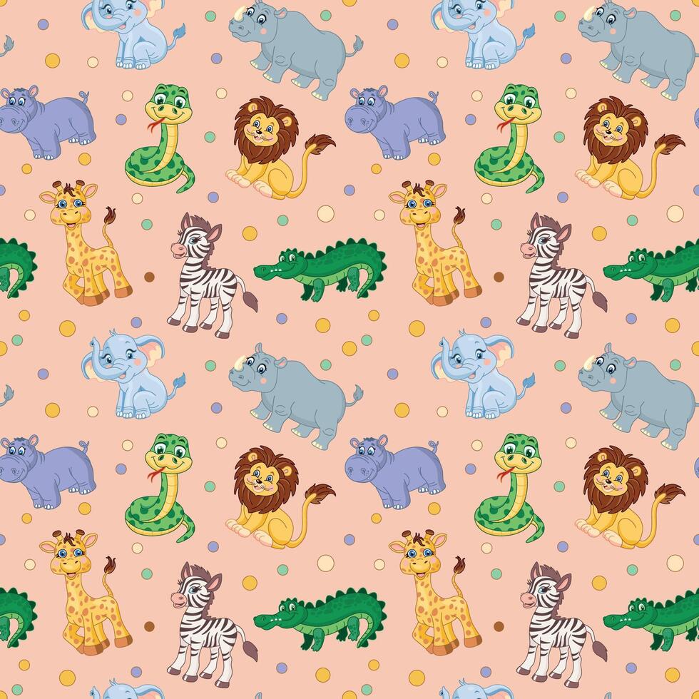 Seamless pattern african animals. Lion, elephant, giraffe, rhinoceros, monkey, snake. Hippopotamus illustration for kids vector
