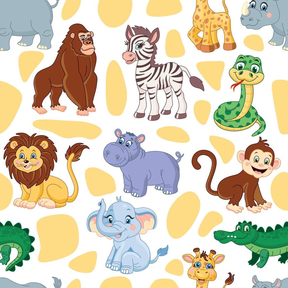Seamless pattern with African animals. Lion, elephant, giraffe, rhinoceros, monkey, snake,crocodile. hippopotamus illustration for kids vector