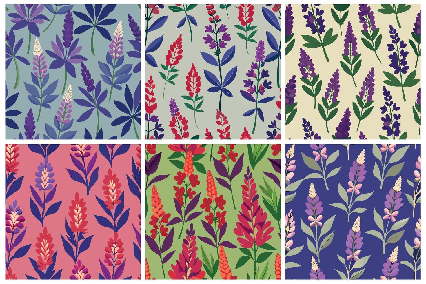 A set of six different floral patterns on different colored background vector