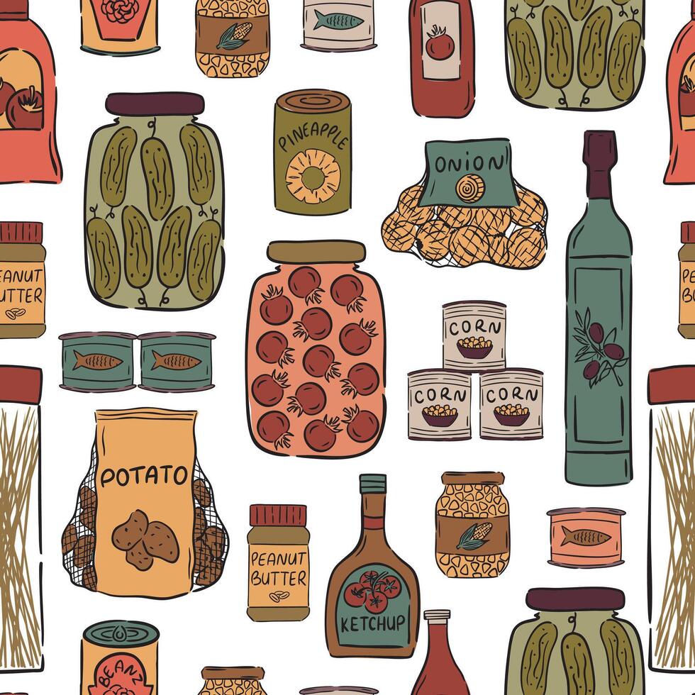 Seamless pattern featuring pantry staples. vector