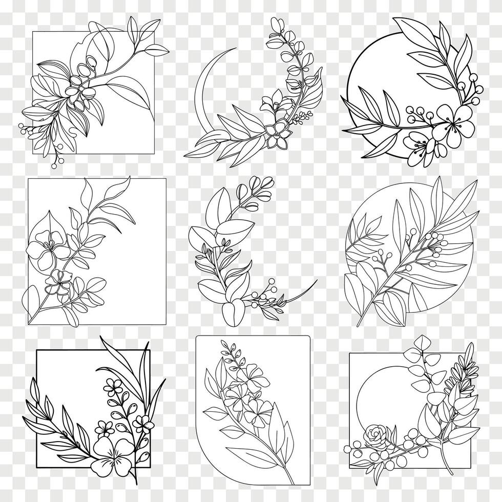 Minimalist Botanical Frame Collection Featuring Eucalyptus Leaves and Wildflowers for Elegant Design Projects vector