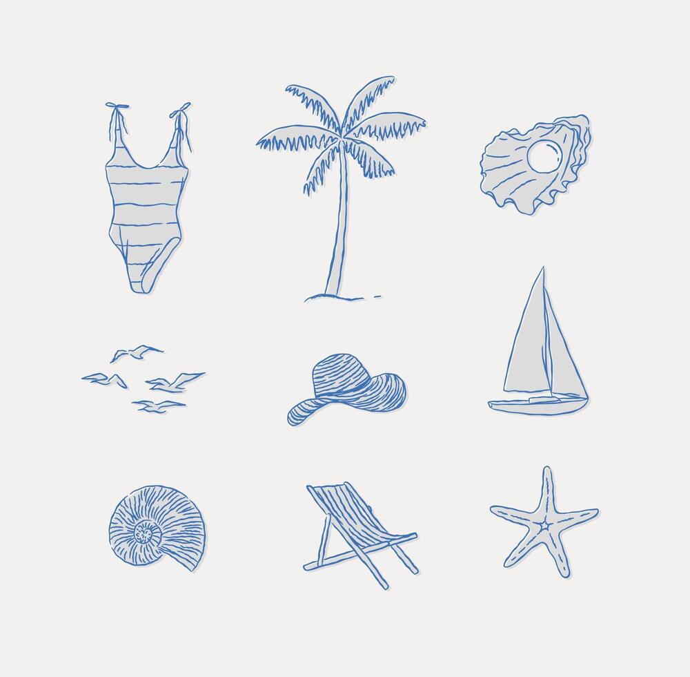 Summer beach relax icons collection swimsuit, palm tree, shell, pearl, seagulls, birds, hat, yacht, starfish, beach chair drawing in graphic style on blue background vector