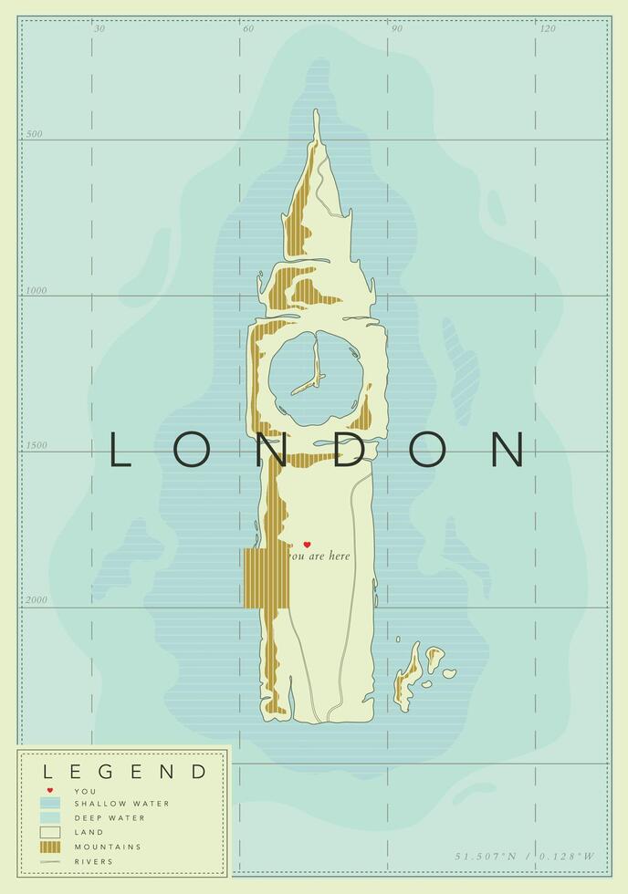 London geographical map with big ben, legend and coordinates poster drawing in old style. vector