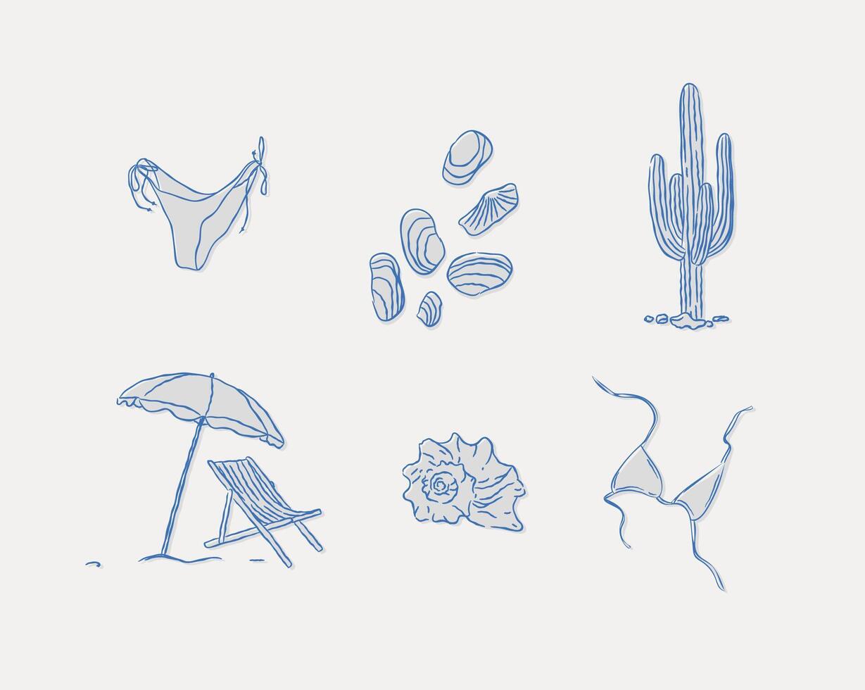 Summer vacation icons collection bikini shell cactus beach umbrella and chair swimsuit drawing in graphic style on blue background vector