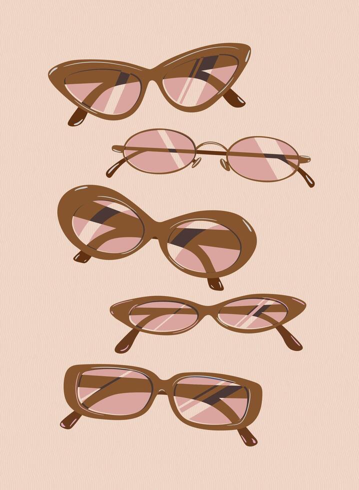 Sunglasses collection portrait drawing in vintage style with pink lens and brown frame on beige background vector