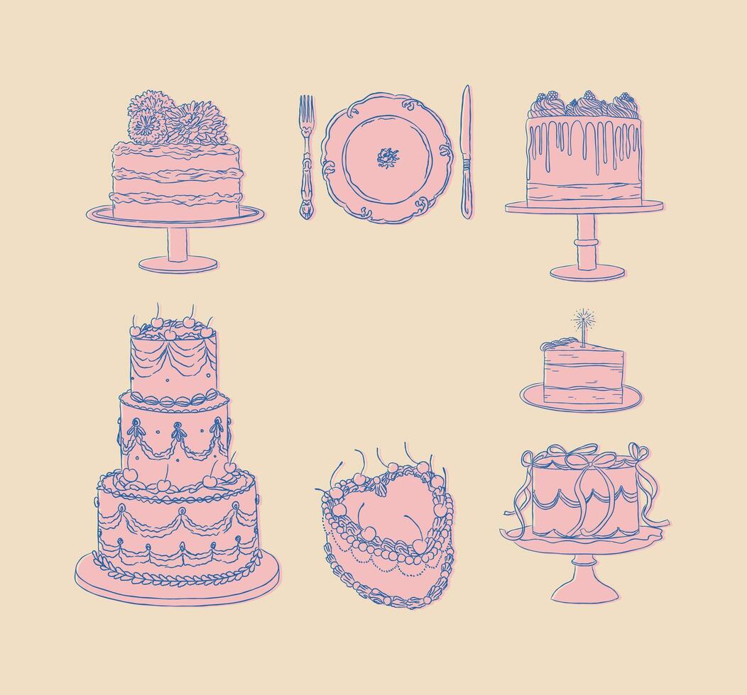 Cake one and two tier collection drawing in vintage style with pink and blue on beige background vector