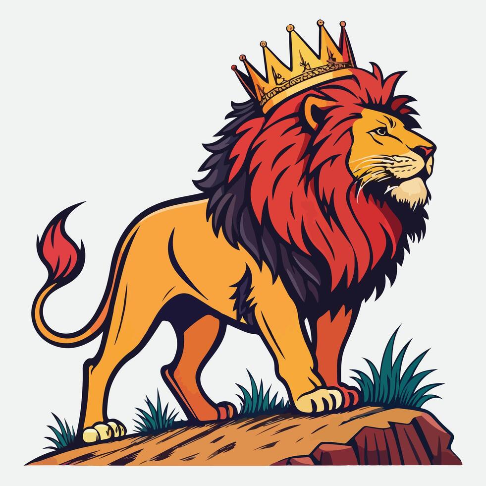 Lion king with crown on top of hill vector
