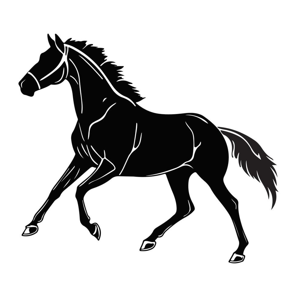 A black and white silhouette of a horse running vector
