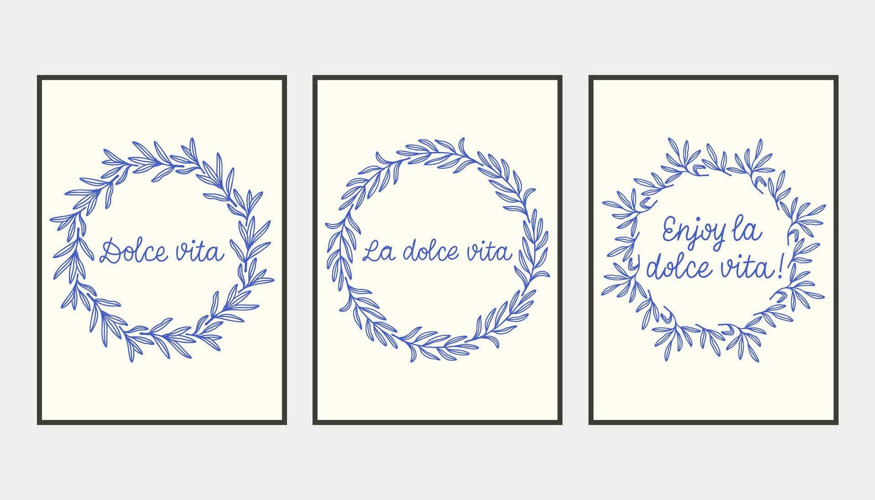 Dolce vita blue doodles placard or poster set with simple branches. illustration of italian style hand drawn posters. Wall art prints decor. Illustration for invitations, menus design. vector