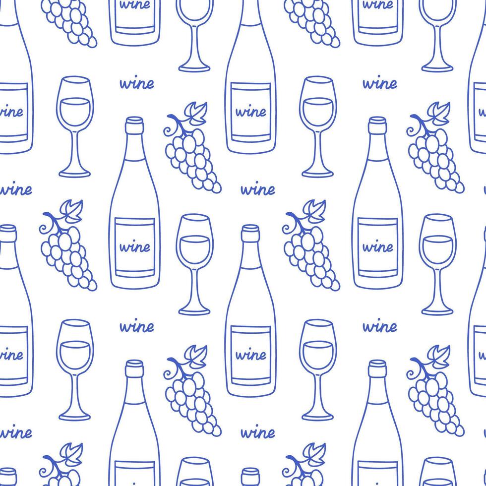 La dolce vita doodles seamless pattern with wine bottle, glasses, grape. Blue on white illustration of italian style hand drawn posters. Wall art prints decor, for invitations, menus design. vector
