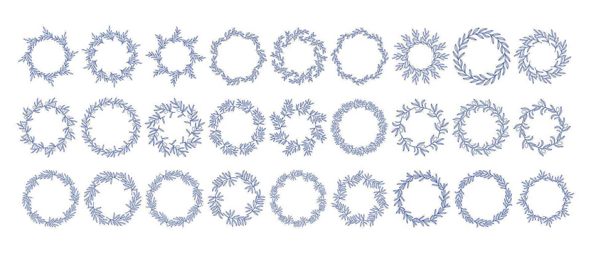 Simple blue branches circle frame big set. Hand drawn round line border, leaves and flowers, wedding invitation and cards, logo design and posters template. Elegant minimal style floral set vector