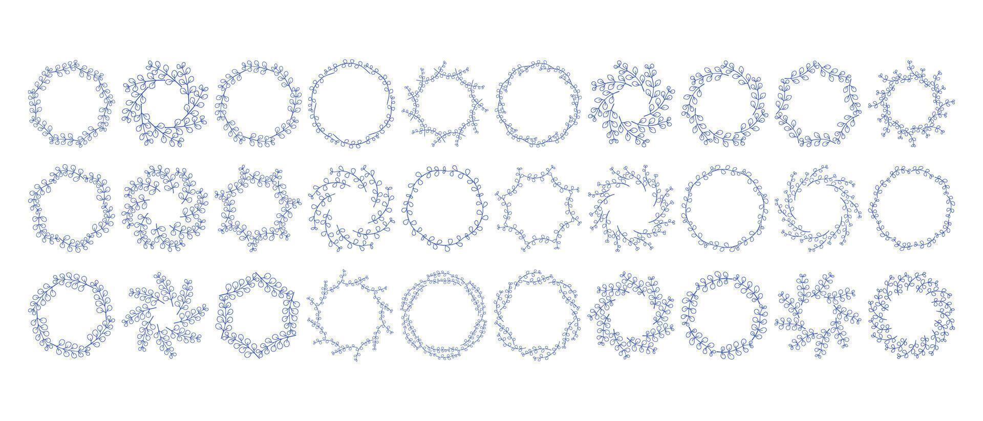 Simple mediterranean branches circle frame big set. Hand drawn round line border, leaves and flowers, wedding invitation and cards, logo design and posters template. Elegant minimal style floral set vector