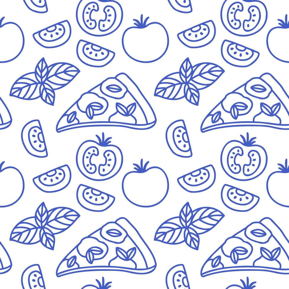 La dolce vita doodles seamless pattern pizza margherita. Blue on white illustration of italian style hand drawn posters. Wall art prints decor, for invitations, menus design. vector