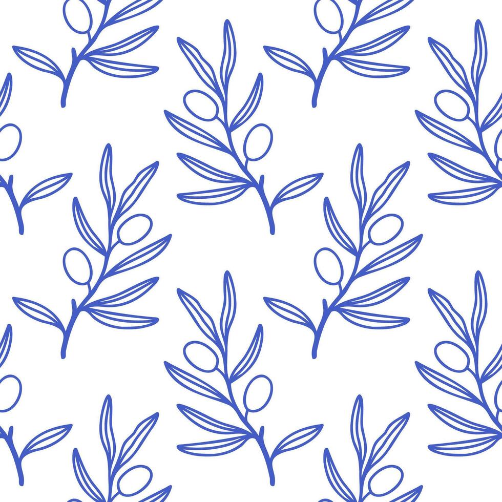 Olive branches and leaves pattern blue outline on white background. Mediterranean blue floral seamless pattern for wrapping, textile, cover, scrapbooking vector