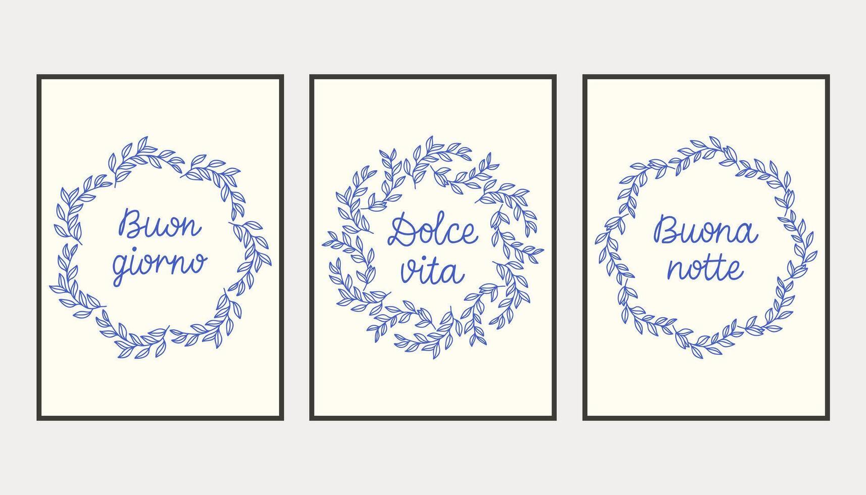 La dolce vita doodles placard or poster set with simple branches. illustration of italian style hand drawn posters. Wall art prints decor. Illustration for invitations, menus design. vector