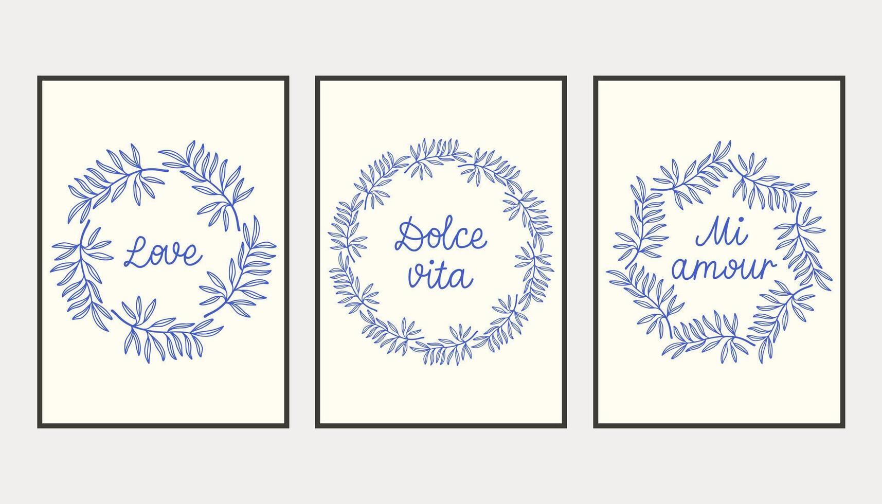 Dolce vita mi amour love doodles placard or poster set with simple branches. illustration of italian style hand drawn posters. Wall art prints decor. Illustration for invitations, menus design. vector
