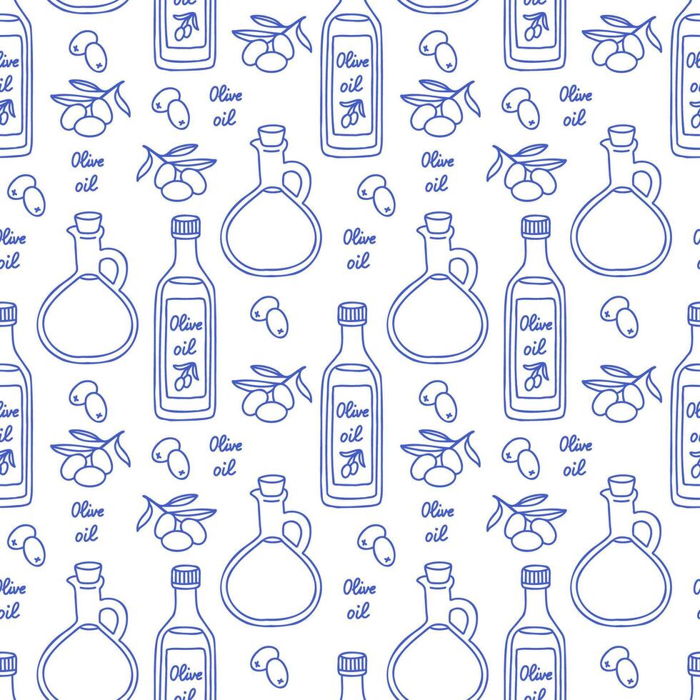La dolce vita doodles seamless pattern olive oil. Blue on white illustration of italian style hand drawn posters. Wall art prints decor, for invitations, menus design. vector