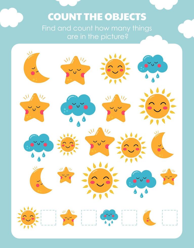 A page with a task for children to count the number of objects in a picture vector