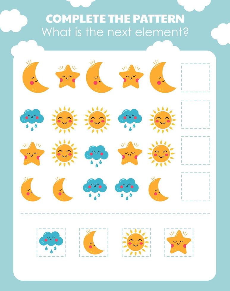 A page with a logic task for children to identify the next object. Worksheet for kindergarten vector