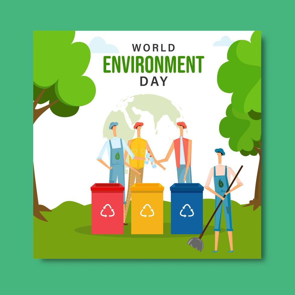 World Environment Day Poster with Recycling and Community People Cleaning Garbage at Ground for Healthy Future Illustration. vector