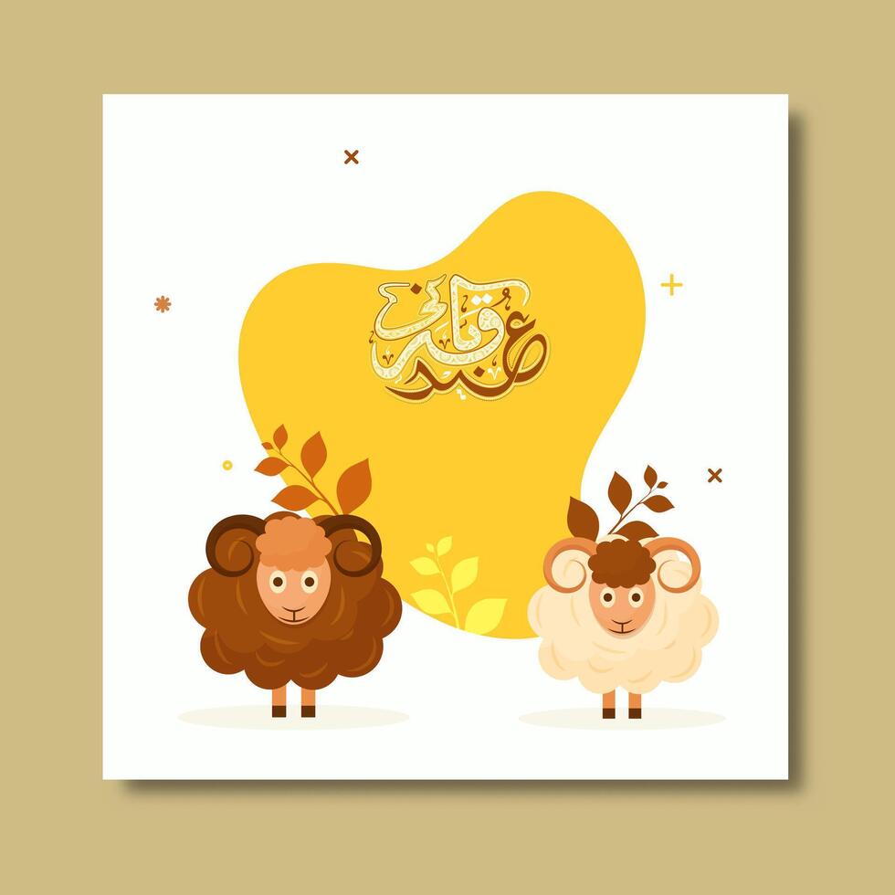 Arabic Calligraphy of Eid Ul Adha Post with Adorable Two Sheep Character Illustration for The Festival of Sacrifice Concept. vector