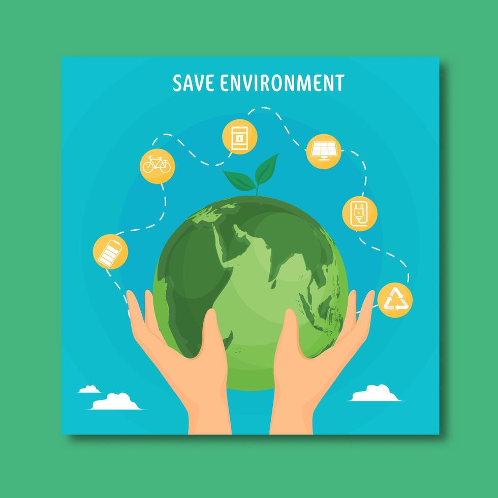 World Environment Day Post with a Person Holding Earth Connected with Energy Elements. vector