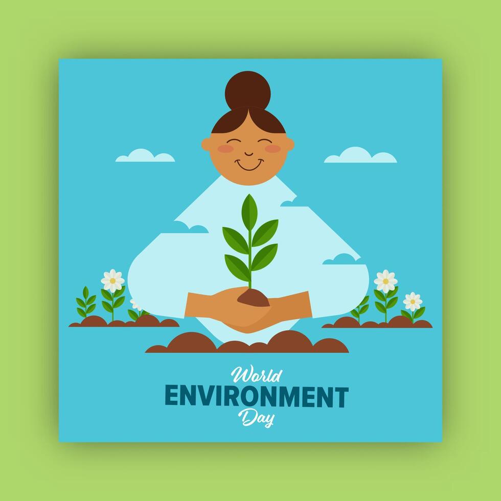 World Environment Day Poster with Illustration of Woman Character Planting a Plant. vector