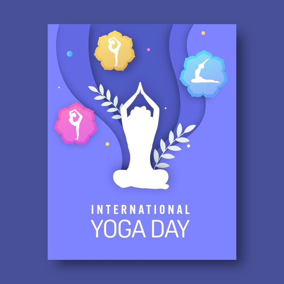 International Yoga Day Post with Silhouette Female Doing Yoga in Different Poses on Abstract Paper Cut Purple Background. vector