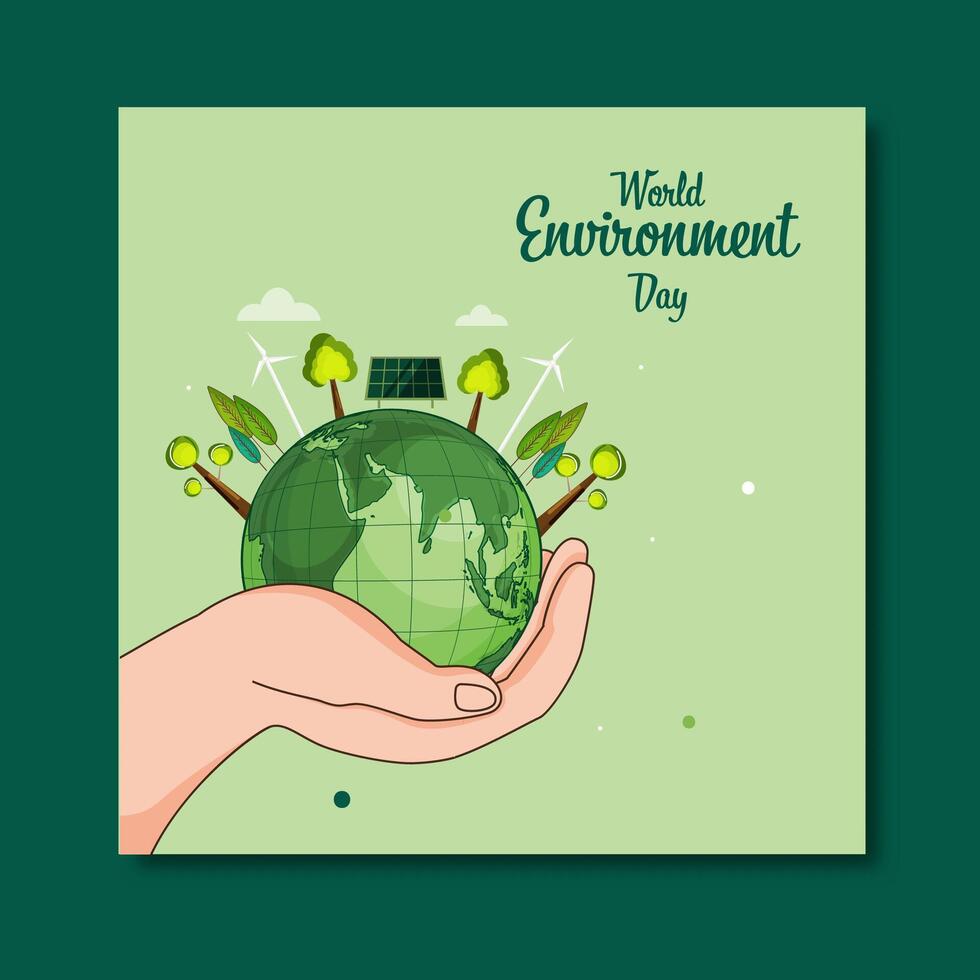 World Environment Day Post with a Person Holding Earth, Tree, Solar Panel and Windmill Illustration for Renewable Energy and Green Future. vector