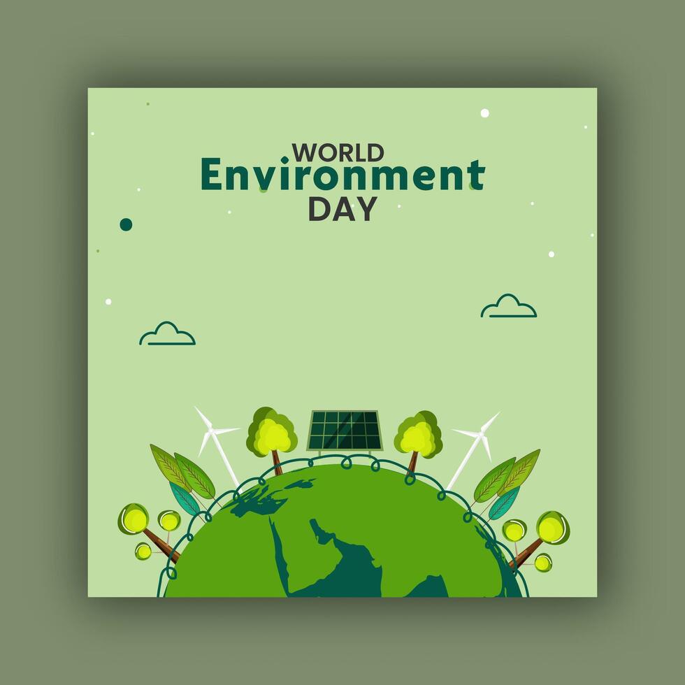 World Environment Day Post with Tree, Solar Panel and Windmill in Earth Planet Illustration for Renewable Energy and Green Future. vector