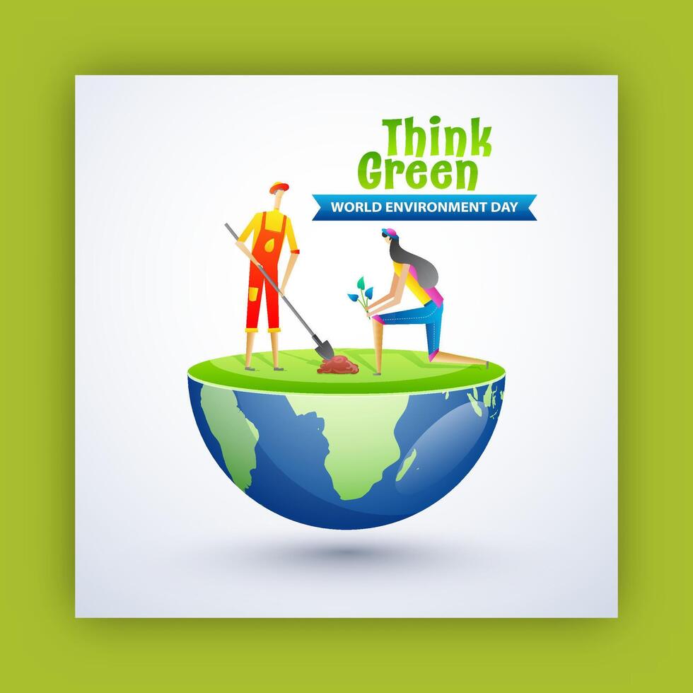 World Environment Day Post with Illustration of Man and Woman Together Planting at Half Earth Planet for Go Green. vector