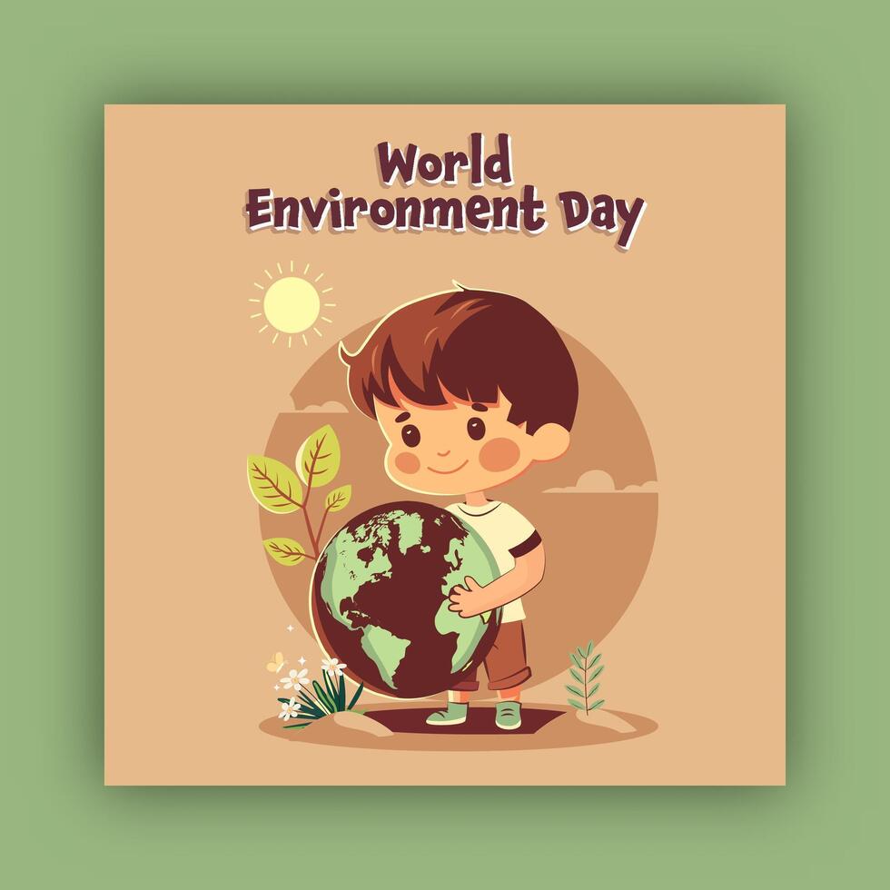 World Environment Day Post with Cute Boy Holding Earth Planet Illustration for Save The Earth. vector
