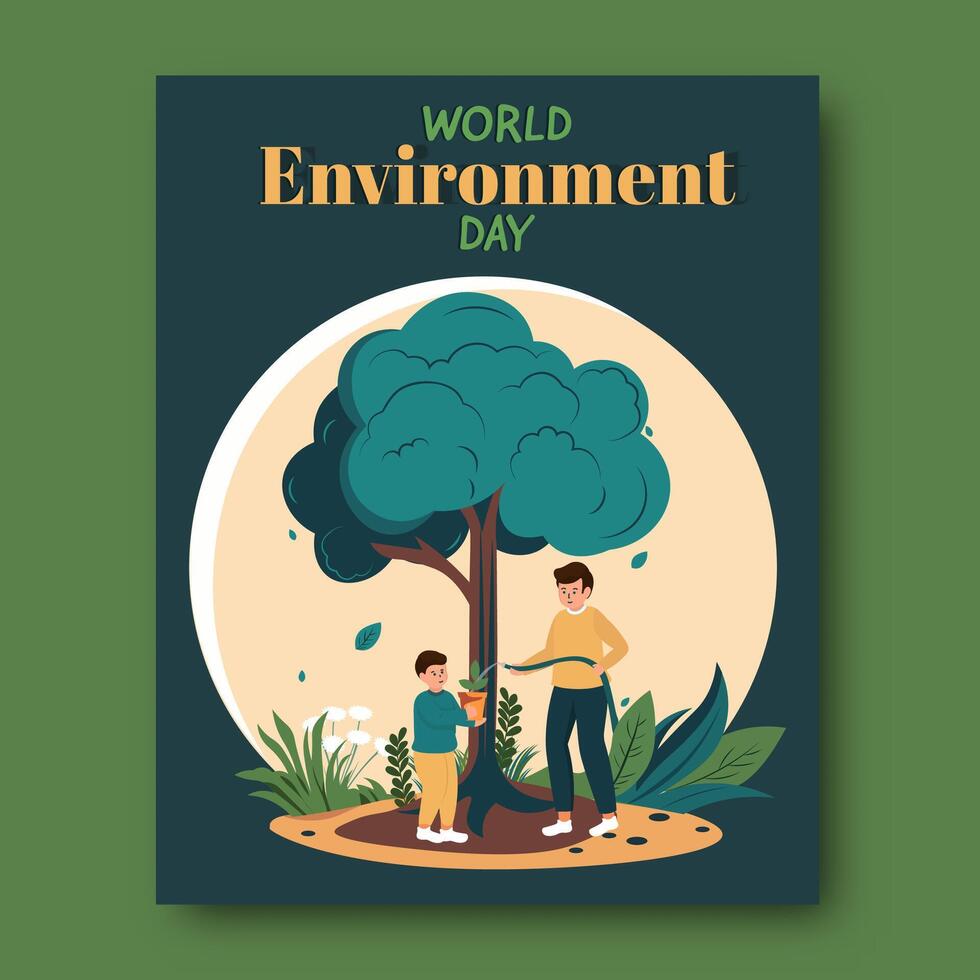 World Environment Day Post with a Father and Son Together Watering on Plant Planting for Healthy Life or Save Future. vector