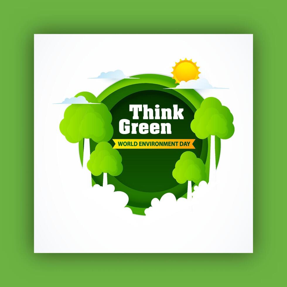 World Environment Day Poster with Thick Green Message Text and Green Landscape Illustration. vector
