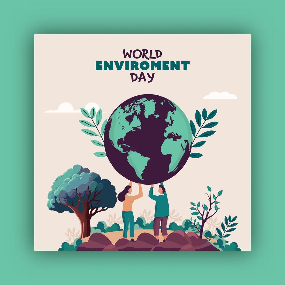 World Environment Poster with Man and Woman Character Together Holding a Planet of Earth for Save the Earth. vector