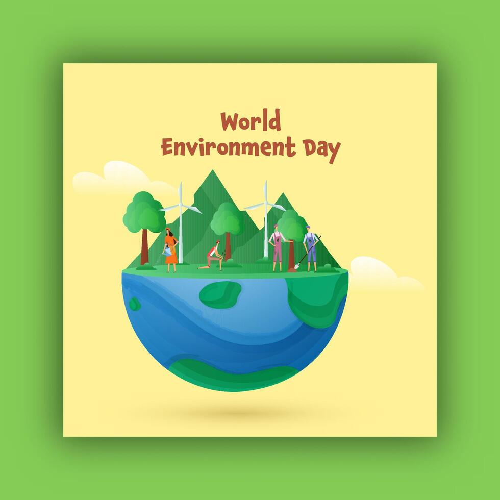 World Environment Day Poster with Recycling and Community People Cleaning Garbage at Half Earth Planet for Healthy Future Illustration. vector