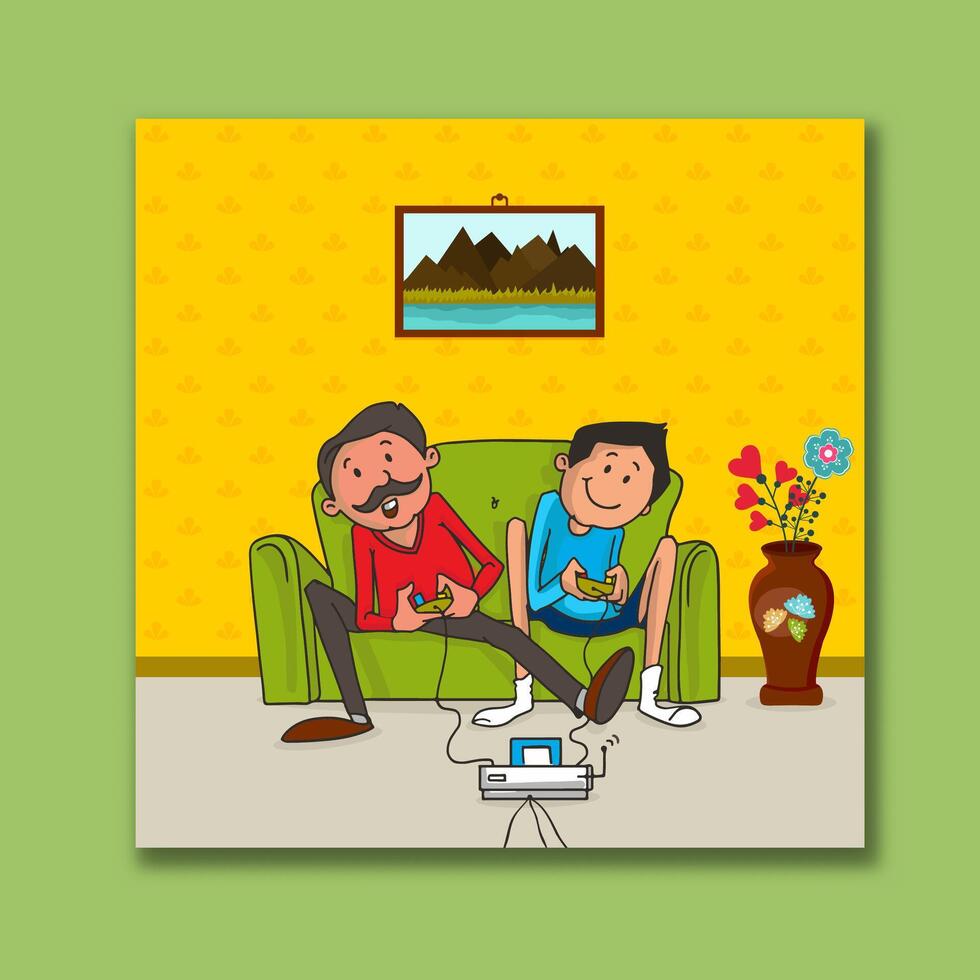 Father's Day Post with Happy Father and Son Together Playing Game Illustration. vector