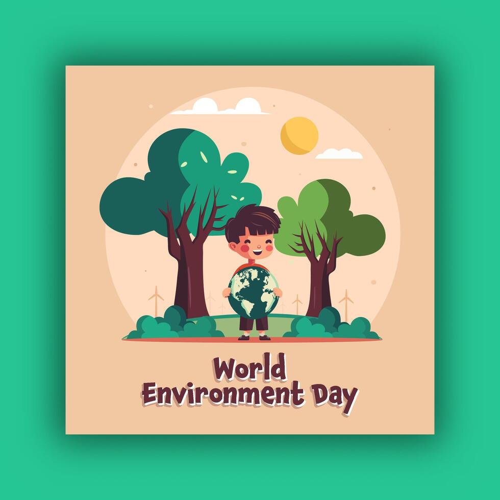 World Environment Day Poster with Illustration of Cute Boy Holding Planet Earth for Save Nature. vector
