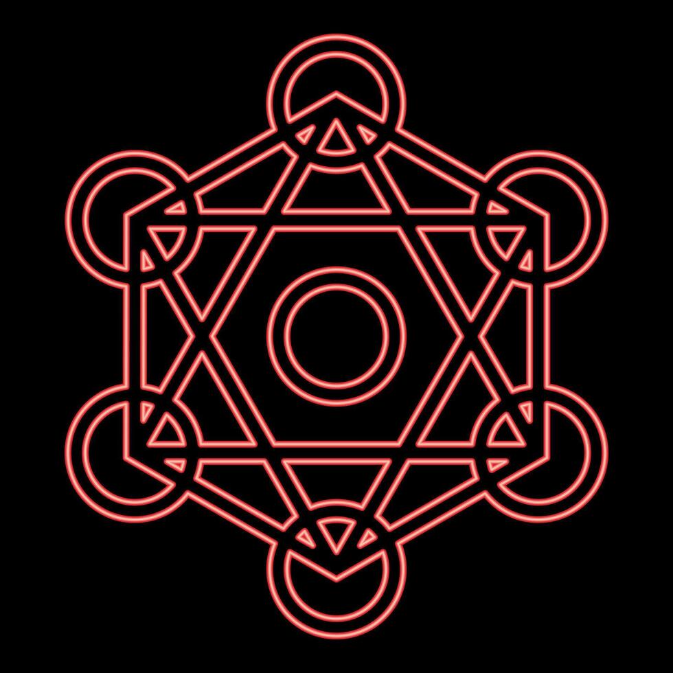 Neon metatron cube Sacred geometry color red vector