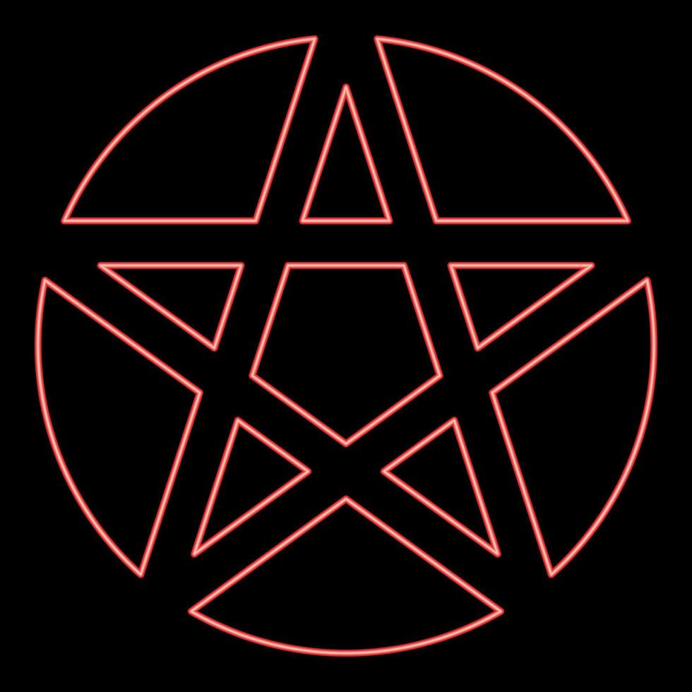 Neon pentakl Neopagan Wicca Pentacle Neo paganism sign five pointed star in circle inside round Pentagram magic symbol red color vector